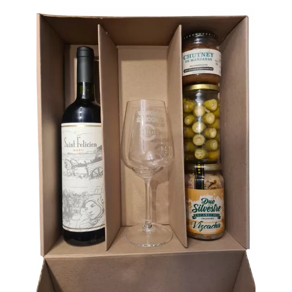 Caja Épica De Cartón Saint Felicien Malbec + Deli + Copa Cristal Épica