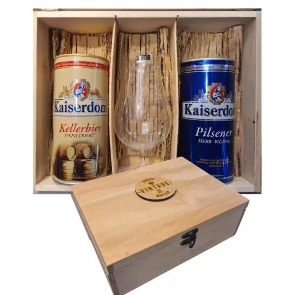Estuche Madera Vntg + 2 Latas Cervezas Kaiserdom + Copa Cristal