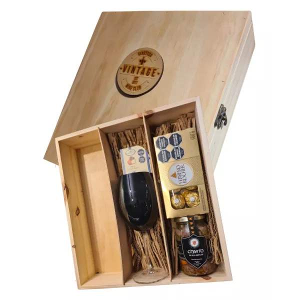 Estuche Madera Vntg + Copa Cristal Negra + Deli + Espacio Vino