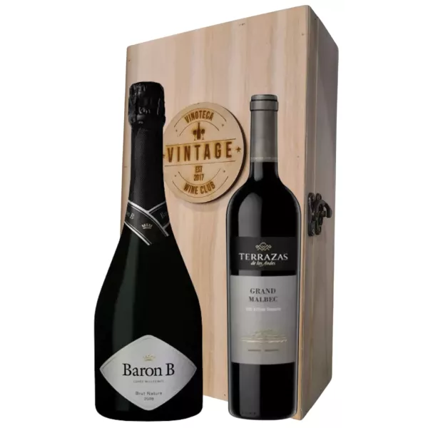 Estuche Madera Vntg + 1 Botella Terrazas Gran Malbec + 1 Botella Baron B Brut Nature Estuche Madera Vntg + 1 Botella Terrazas Gran Malbec + 1 Botella Baron B Brut Nature